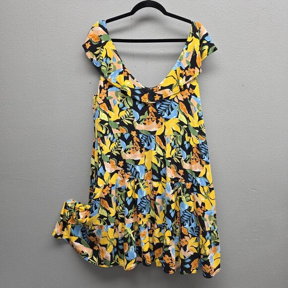 Tribal Femme Dress Womens Large Black Floral Tiered Ruffle Cap Sleeve Pockets - Picture 1 of 13